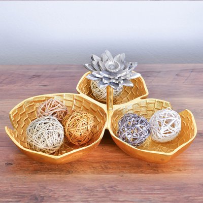 Lily Pad Three-section Metal Serving Bowl With Lotus Centerpiece