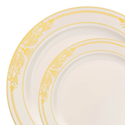 Ivory with Gold Harmony Rim Plastic Dinnerware Value Set - 20 Settings