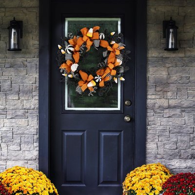Houndstooth Bows and Candy Corn Halloween Wreath - 24"