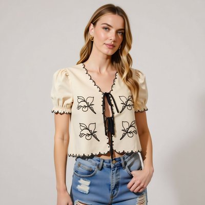 Puff Sleeve Tie-front Blouse With Floral Embroidery And Eyelet Trim