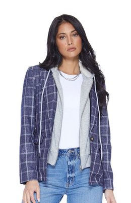 Helen Blazer With Removable Grey Hoodie Insert - Navy Plaid