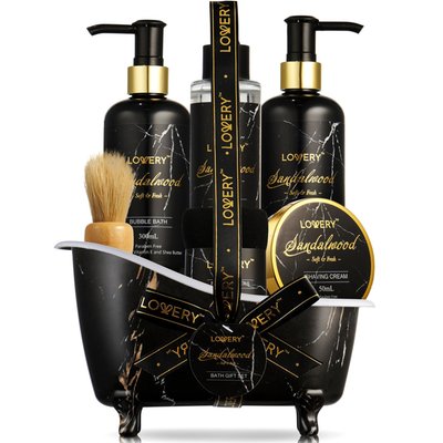 Deluxe Sandalwood Spa Basket For Men, Gold Marble Selfcare Grooming Kit