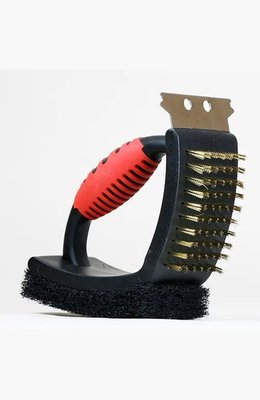 3 In 1 Grill Brush With Copper Bristles, Scraper, And Scouring Pad