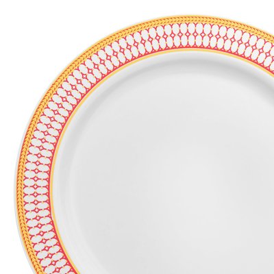 White with Red and Gold Chord Rim Plastic Dinner Plates (10.25") - 10 Plates
