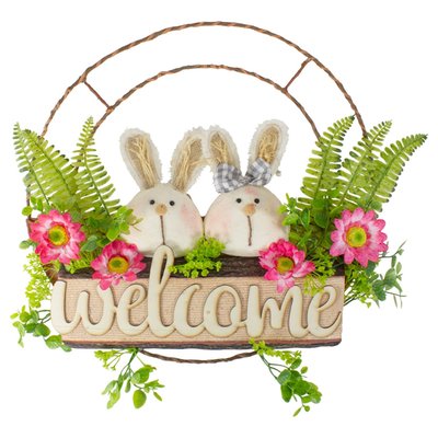 Rabbit Couple "Welcome" Floral Spring Wreath, 16-Inch