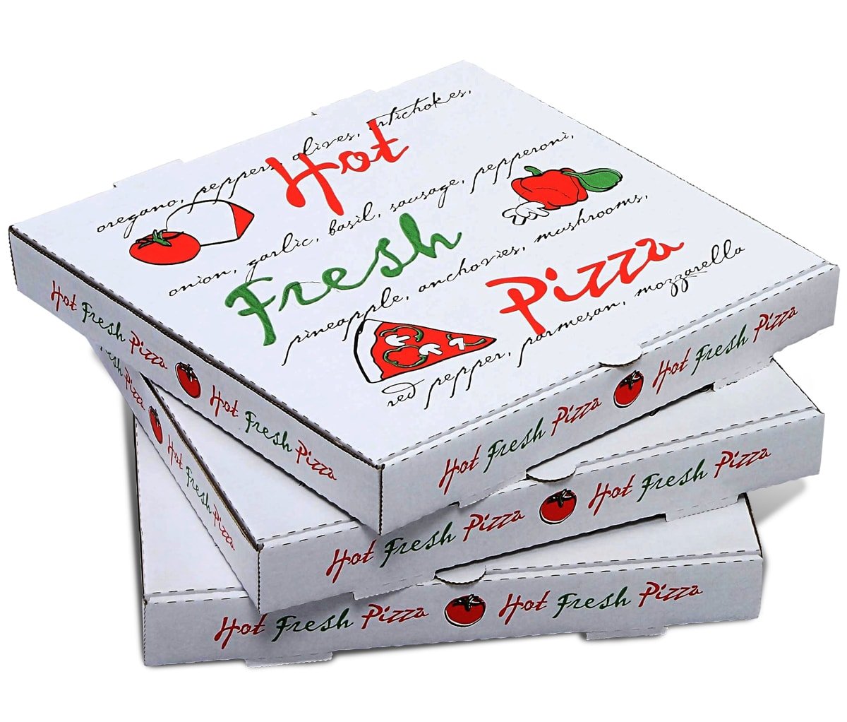 Pizza Box, 12 in, B-Flute, 1-5/8 in Deep, White/Kraft, Printed
