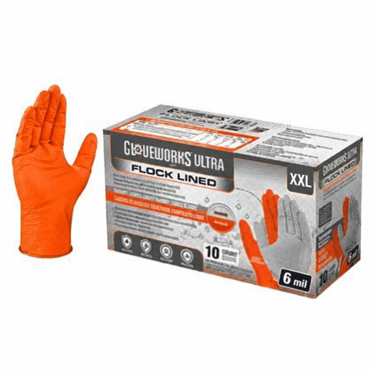 ULTRA Nitrile Gloves, Flock-Lined, 6 mil, 9.06" Length, XXL, Orange, 10/Box