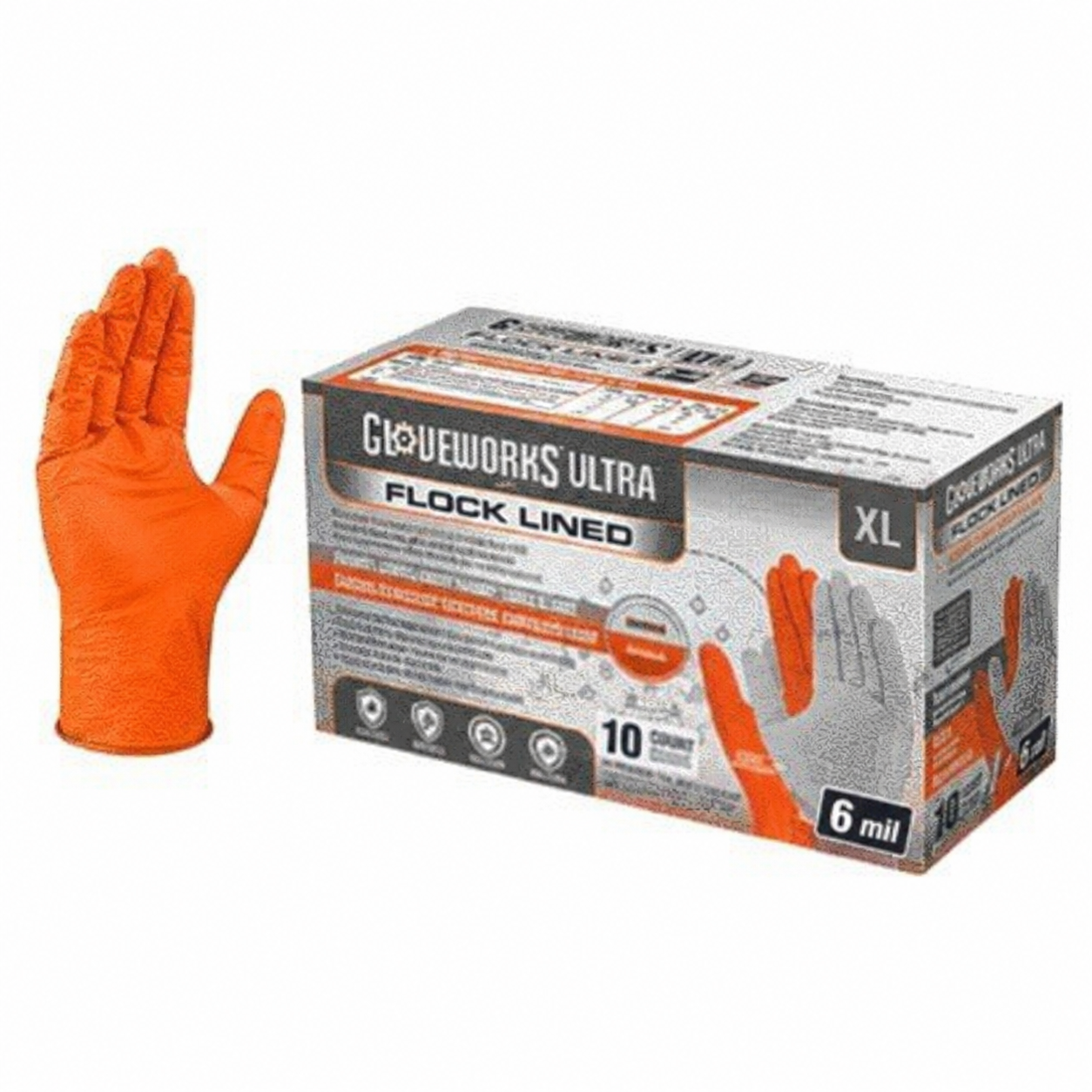 ULTRA RDT Nitrile Gloves, 6 mil, 9.06" Length, Flock-Lined, Chemical Resistant, X-Large, Orange, 10/Box