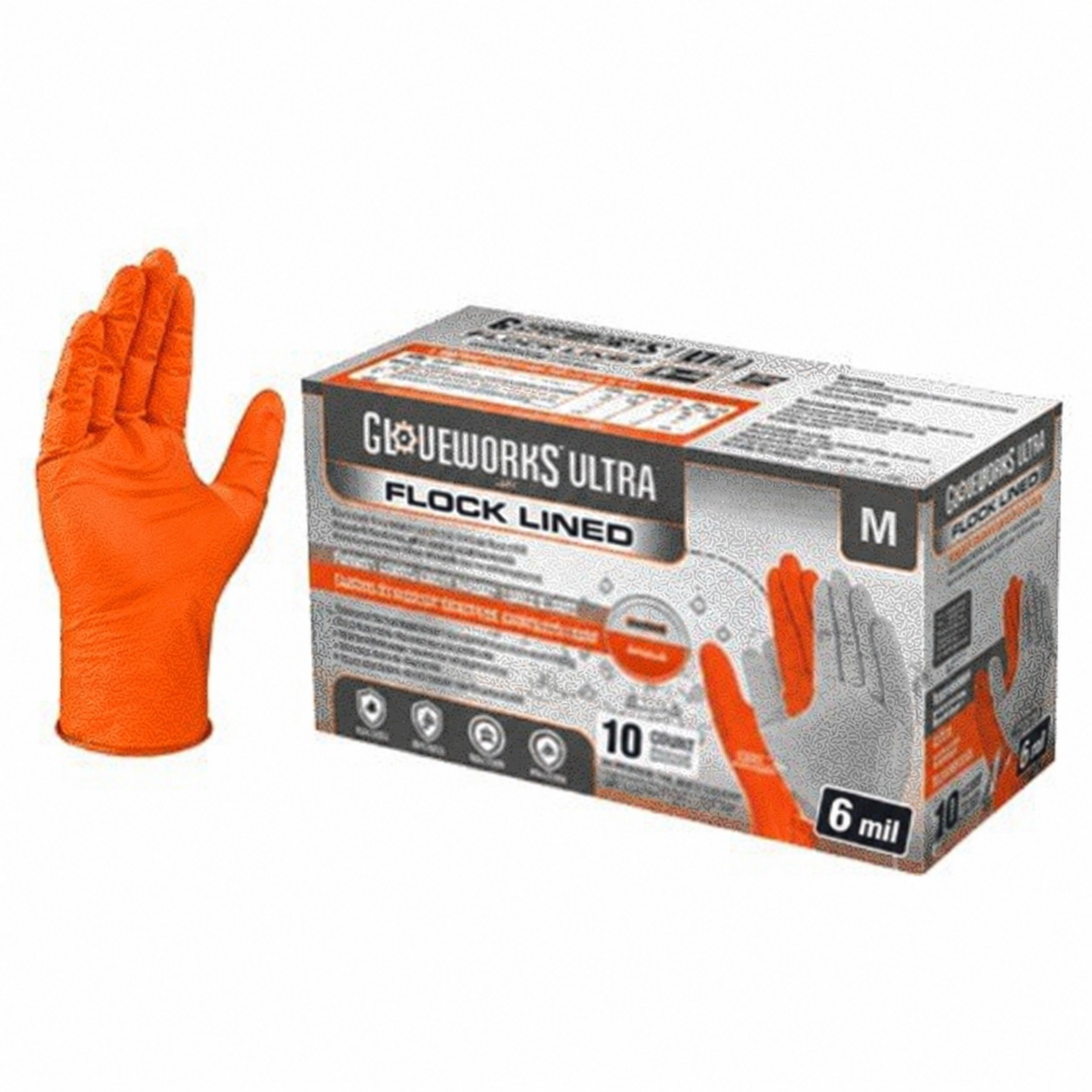 ULTRA RDT Nitrile Gloves, Flock-Lined, 6 mil, 9.06" Length, Medium, Orange, 10/Box