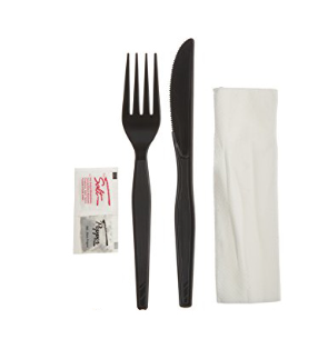 Cutlery Kit with Knife, Fork, Salt & Pepper, 12 x 13 in Napkin, Black, Heavy Weight