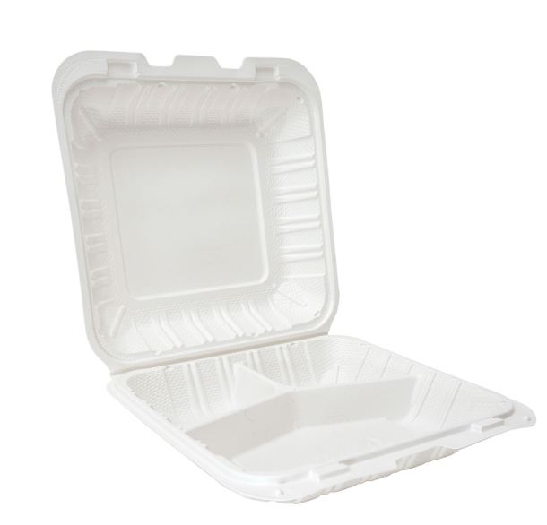 MFPP Shallow Hinged Container, 3-Compartment, 8 x 8 in, White