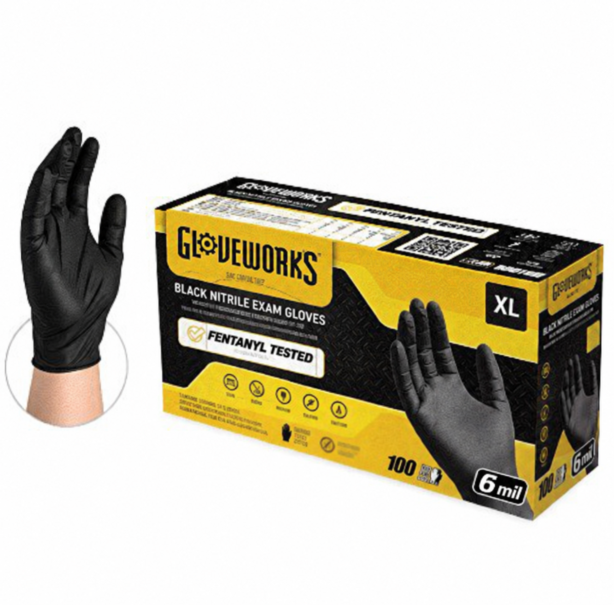 Nitrile Exam Gloves, Powder-Free, 6 mil, X-Large, Black, 100/Box
